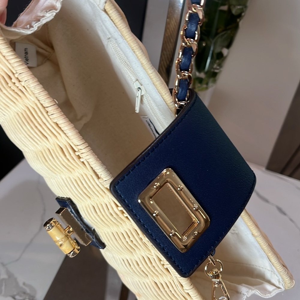 Tommy Bahama Woven Straw Shoulder Clutch Bag in Natural with Navy Trim - Picture 10 of 12